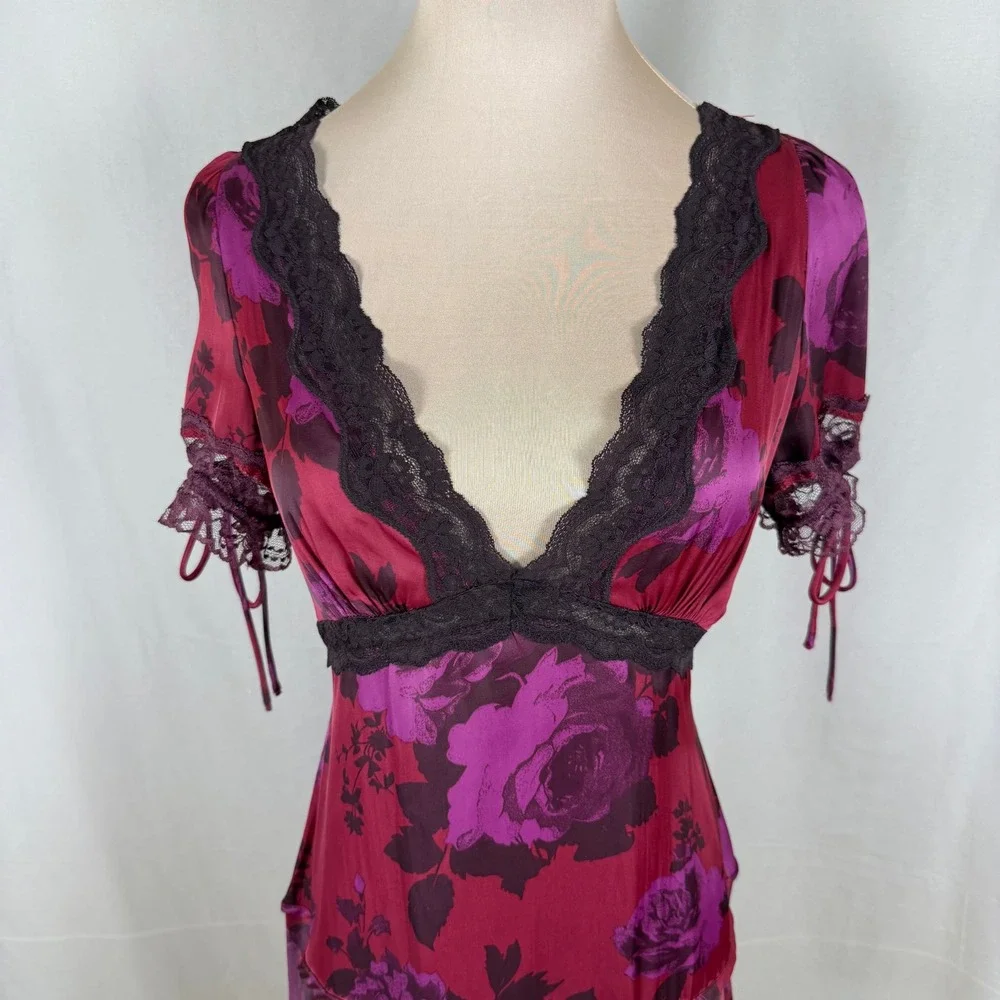 NWT Free People Jos Printed Satin Mini Dress Berry Combo Lace XS FLAWS